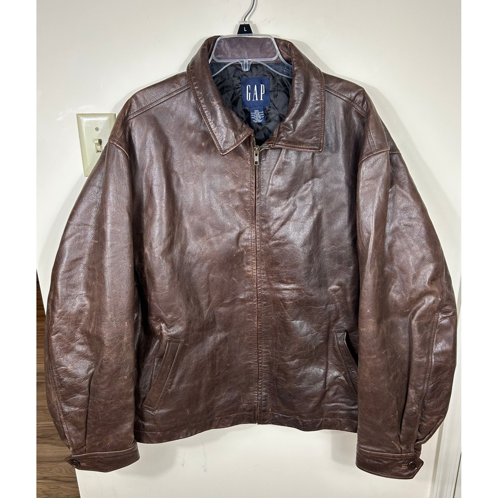 VTG Gap Leather Bomber Jacket Men's XXL Brown Full Zip Quilted Retro Classic 90s